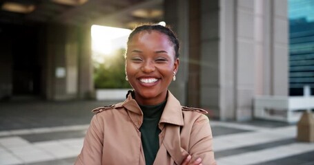 Face, excited and businesswoman with arms crossed, city and happy for journalism experience or pride. Outdoor, reporter and black person with smile for career growth, laugh and ambitious in Nigeria