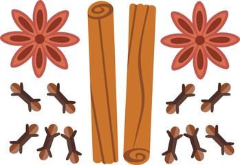 Holiday spices illustration, cinnamon sticks, star anise, cloves, festive seasoning collection, aromatic cooking ingredients, winter spice set artwork