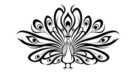 Elegant peacock silhouette with spread feathers against white backdrop