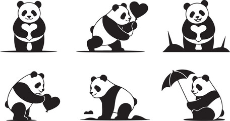 Six Black and White Panda Bear Illustrations with Heart Shapes and Different Poses Keywords: panda bear, panda, bear, illustration, silhouette, black and white, heart, love, valentine, cute © KDP Coloring Pages