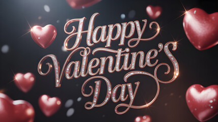 Elegant three dimensional happy valentines day greeting rendered in sparkling rose gold script surrounded by floating red hearts against a