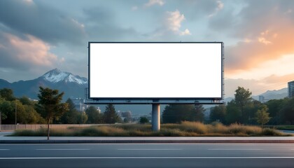 Wide empty billboard positioned beside a road with scenic landscape for marketing display and outdoor advertising mockup purposes.
