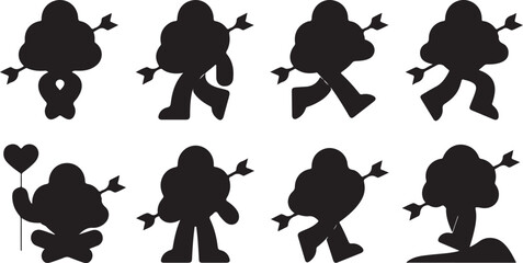 Collection of abstract blob-like figures with arrows and heart balloon Keywords: abstract, blob, figure, silhouette, arrow, heart, balloon, character, shape, form, surreal, whimsical, playful © KDP Coloring Pages