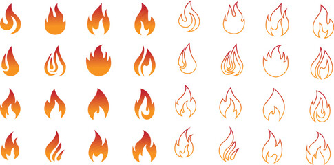 Fire icons set collection with flame symbols in gradient, flat, and line style, burning heat blaze energy illustration group for safety warning hazard UI design and emergency graphics