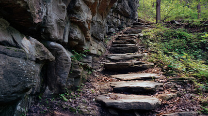 Stone steps carved into a rocky hillside leading up through a green forest trail.