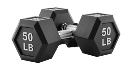 Two black 50 lb hexagonal dumbbells on black background