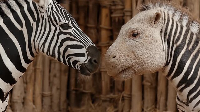 A close up of two zebras, one with a unique appearance.