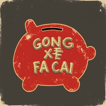 Coin Operated Toy Bank. Gong Xi Fa Cai. Childhood savings with the text [Gong Xi Fa Cai] in a chubby metal toy font. nostalgic and cheerful with a faded primary red and chipped metallic gold scheme..
