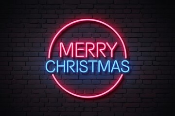 Vibrant neon sign displaying merry christmas in red and blue light against a dark brick wall background