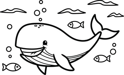 Fototapeta premium Cute cartoon whale and fish swimming underwater with bubbles