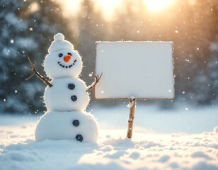 Happy snowman with blank sign board in sunny winter forest. Cute Christmas mockup background with copy space.