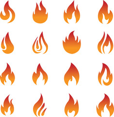 Fire icons set collection with flame symbols in gradient, flat, style, burning heat blaze energy illustration group for safety warning hazard UI design and emergency graphics