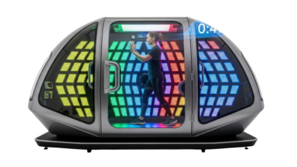 Woman exercising in futuristic fitness pod with colorful L E D lights