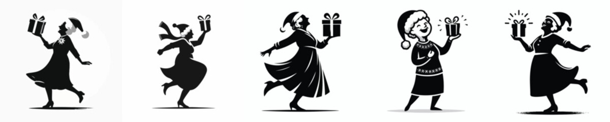 vector silhouette of a grandmother dancing happily with a Christmas gift
