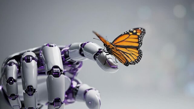 Robotic Hand Gently Holds Delicate Butterfly Symbolizing Future Technology.