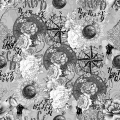 Rose pattern with clock, various beautiful designs Black and white