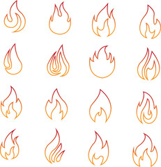 Fire icons set collection with flame symbols in gradient, line style, burning heat blaze energy illustration group for safety warning hazard UI design and emergency graphics