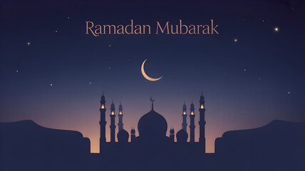 Ramadan Mubarak greeting card design featuring a glowing crescent moon above a silhouetted mosque skyline under a starry night sky