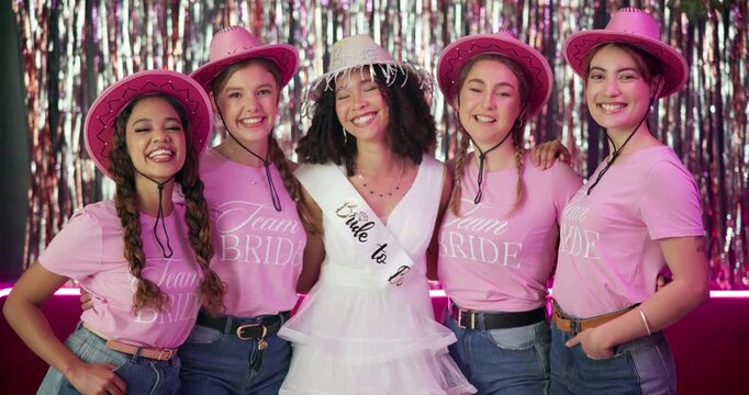Women, bride and face with party, celebration and get together for bachelorette event. Excited, friends and smile with love, support and happy for wedding and future commitment for group hug portrait