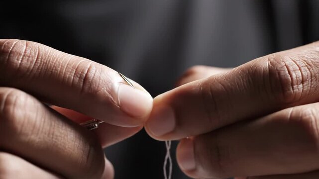 Closeup of hands sewing with a needle and thread
