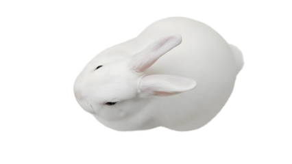 Fluffy white rabbit curled up in a comfortable ball on a black background