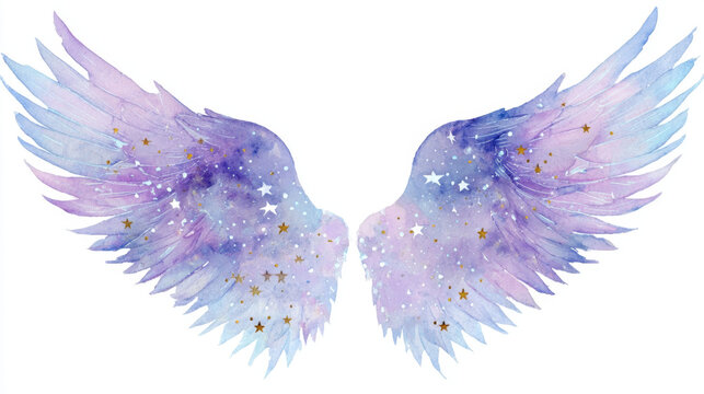 Watercolor angel wings pastel purple blue starry celestial dreamy decorative clipart ethereal fantasy artwork evokes calm and wonder with soft gradient feathers and sparkling night sky accents - Powered by Adobe