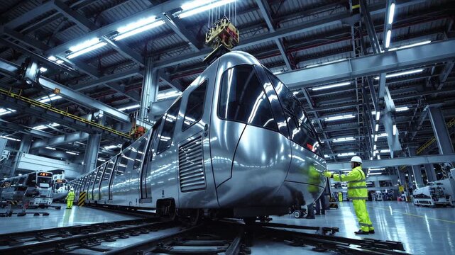 modern train assembly line inside factory, metro train lifted by industrial cranes, futuristic transportation manufacturing, cinematic lighting