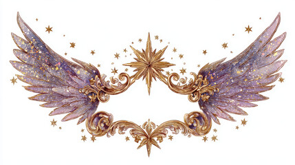 Celestial wing frame golden star ornate flourish angel wing glitter dust vintage scroll cosmic sparkle baroque ornament ethereal design mystical border grace luminous celestial wing frame with