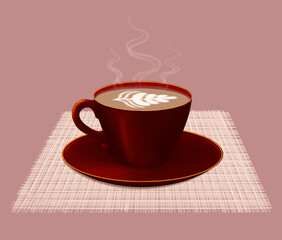 Dark red isolated coffee cup with a coffee pattern and steam on a pink background. Vector illustration.