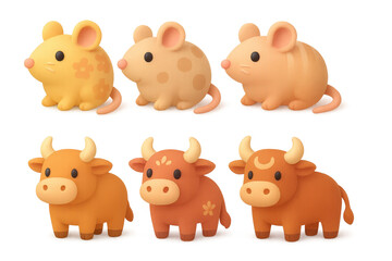 Obraz premium Cute rat and ox icon set for year of the ox and chinese zodiac designs