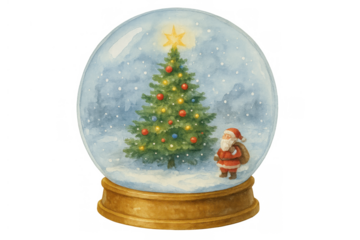 Christmas snow globe with santa claus, decorated tree, and falling snow, a seasonal watercolor rendering