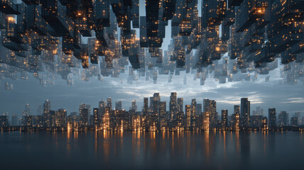 Futuristic cityscape floating architecture mirrored skyline digital metropolis sci fi skyline night lights cyberpunk surreal reflection waterfront skyscraper silhouette. Futuristic atmosphere with