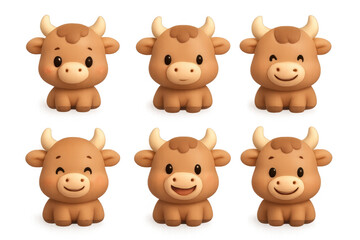 Obraz premium Cute cartoon ox icon set for holiday decorations and kids' designs