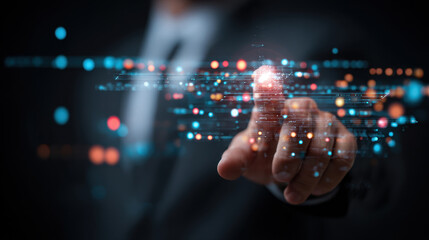 Futuristic interface digital touch holographic data business suit innovation technology virtual screen search analytics network