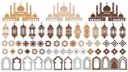 Collection of islamic decorative elements and lanterns isolated on transparent background