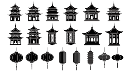 chinese temple and lantern silhouette collection isolated on transparent background