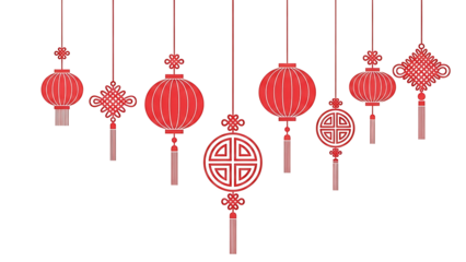 Collection of red chinese lanterns hanging isolated on transparent background