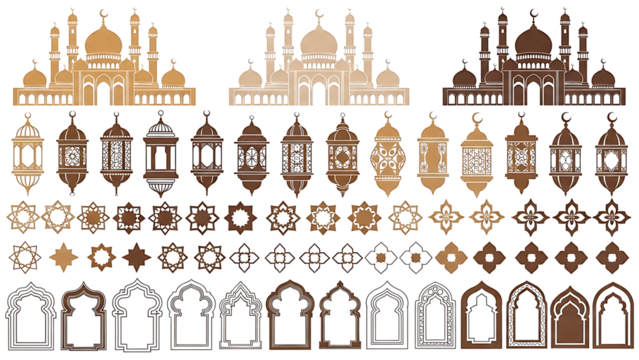 Collection of islamic decorative elements and lanterns isolated on transparent background - Powered by Adobe