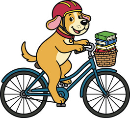 Cute Cartoon Dog Riding Bike vector with Helmet and Books in Basket