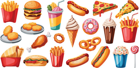 Assortment of Popular Fast Food Items and Sweets on White Background Keywords: fast food, junk