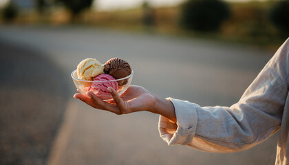 Hand in a light linen sleeve holding a minimalist glass bowl with two gelato scoops