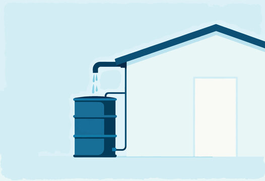 Rainwater harvesting system collects water from roof into a blue barrel