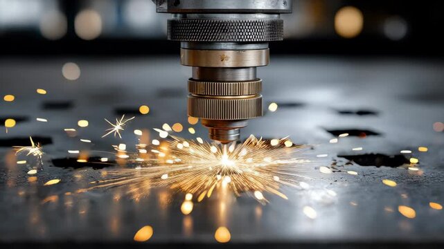 Laser cutting machine emits bright sparks while processing metal sheet, showcasing precision engineering and craftsmanship, with dynamic camera movement capturing the action flow