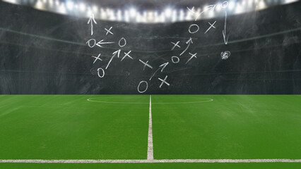 green textured soccer game field. Green grass texture with as a tactical poster. Soccer strategy with copy space.