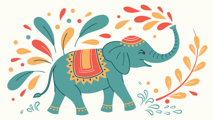 Fototapeta premium A colorful vector illustration of an elephant adorned with vibrant decorations and surrounded by abstract floral patterns in a lively celebration scene.