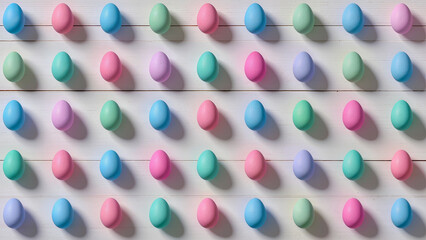 Pastel Easter Eggs Pattern. Seamless Grid of Colorful Eggs on White Wooden Planks with Shadows.