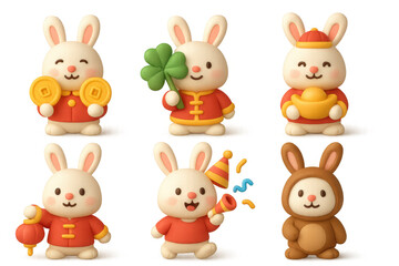 Festive cartoon rabbit icons set with chinese new year theme for design and decoration