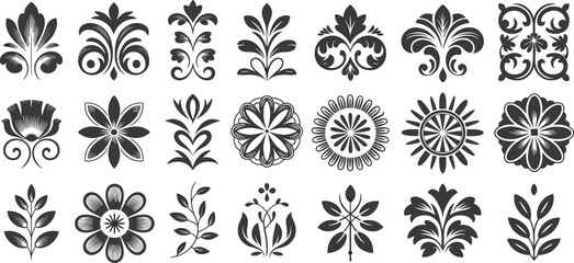 Set of black ornamental floral and abstract decorative elements flourish swirl