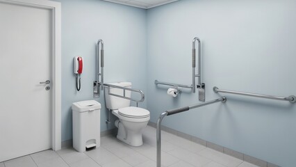 Accessible restroom designed for elderly and urinary health with grab bars, toilet, and emergency call system. Modern accessible restroom features supportive design for seniors,