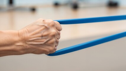 Elderly rehabilitation exercise with hand gripping blue resistance band for physical therapy. Focused elderly rehabilitation includes active engagement and strength training,